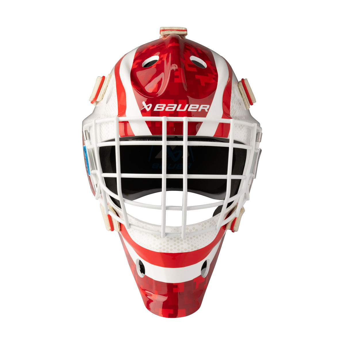 A photo of the BAUER 930 Decal Goal Mask in colour white and red.