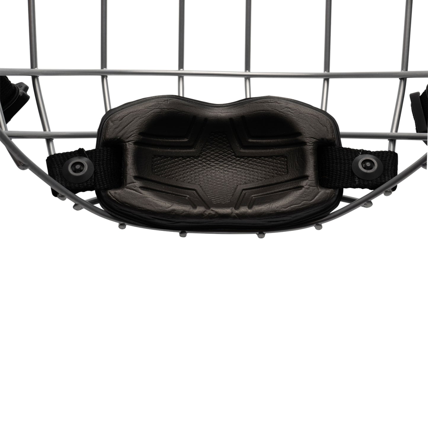 A photo of the BAUER Contour Facemask in silver with a black chin strap.