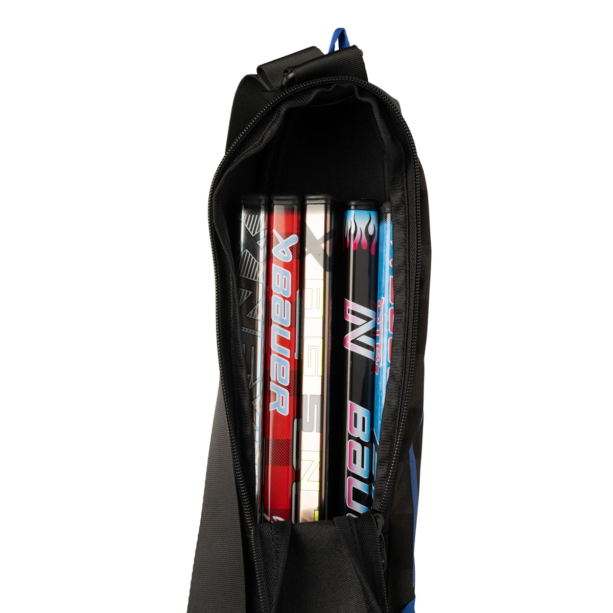 A photo of the BAUER Mystery Minis™ Stick Bag in colour black with blue handle. Mini sticks inside.