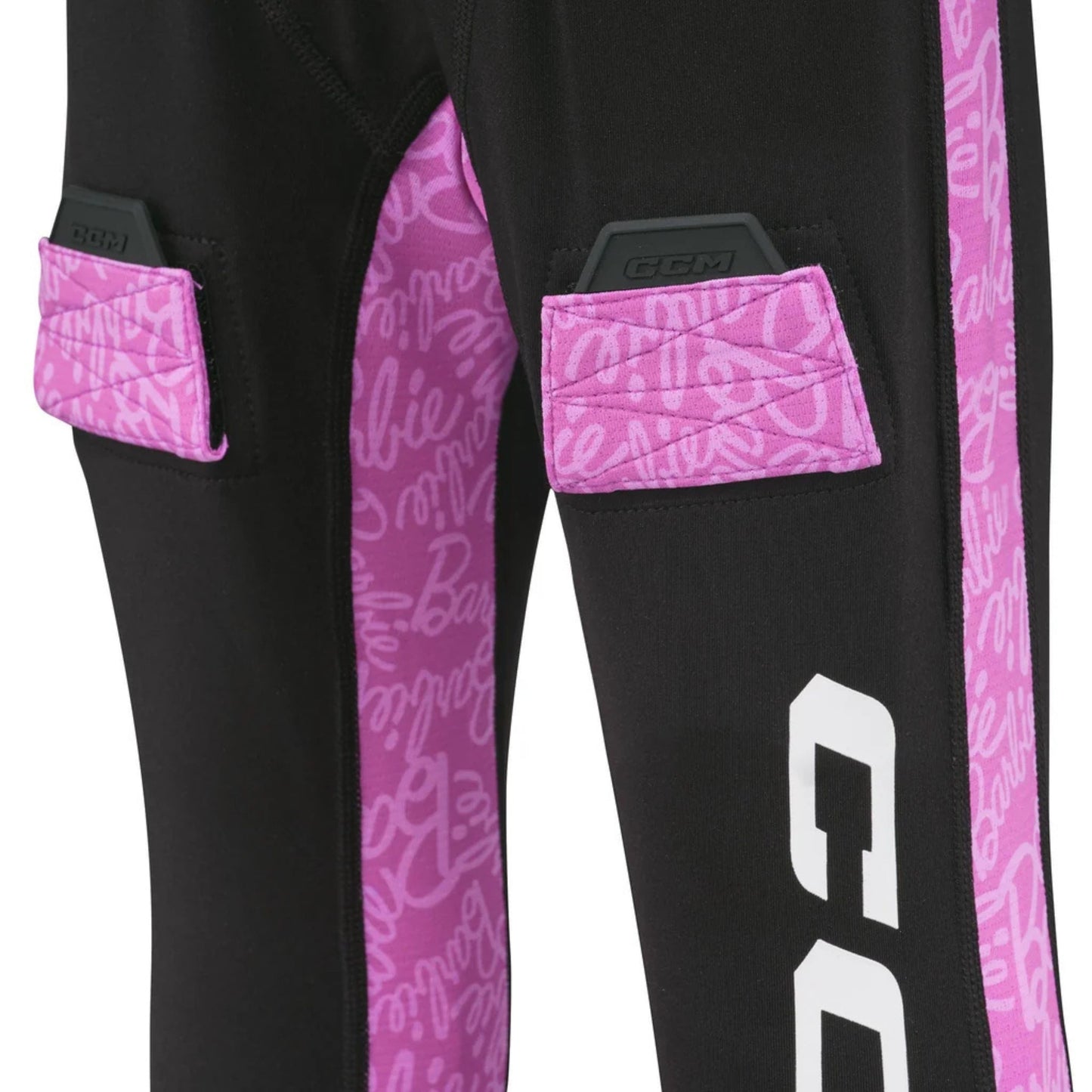 A photo of the Barbie™ x CCM Youth Baselayer Set in colour black with a pink, Barbie themed liner.