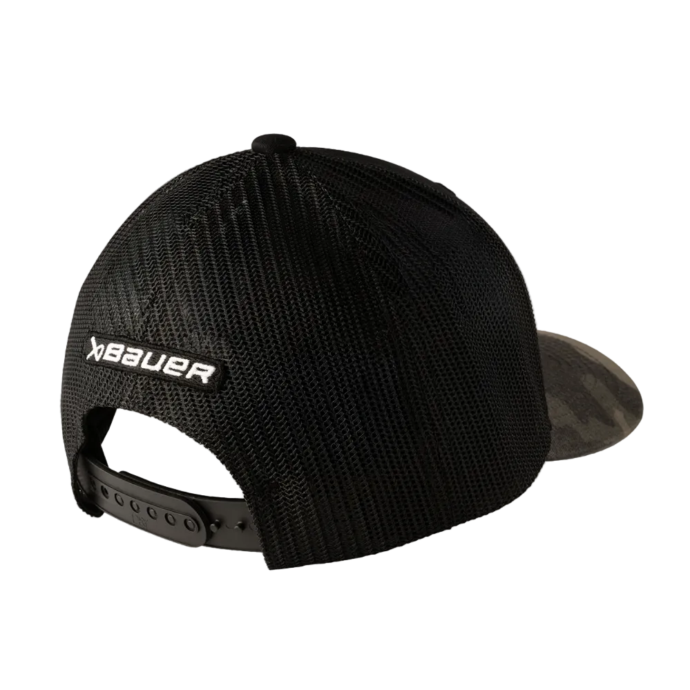 A photo of the Bauer Core Curved Brim 2 Tone Camo Senior Snapback Hat in clour black and green camo
