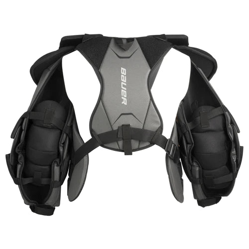 A photo of the Bauer GSX Junior Goalie Chest Protector (2023) in colour grey and black. Rear view.