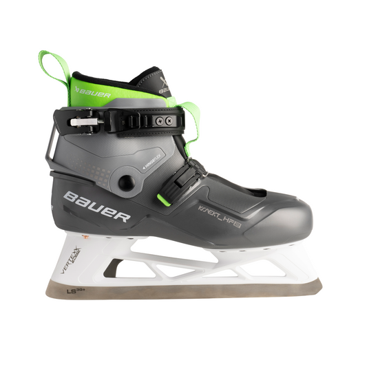 A photo of the Bauer Konekt HF2 Senior Goalie Skates in colour grey and green, side view.