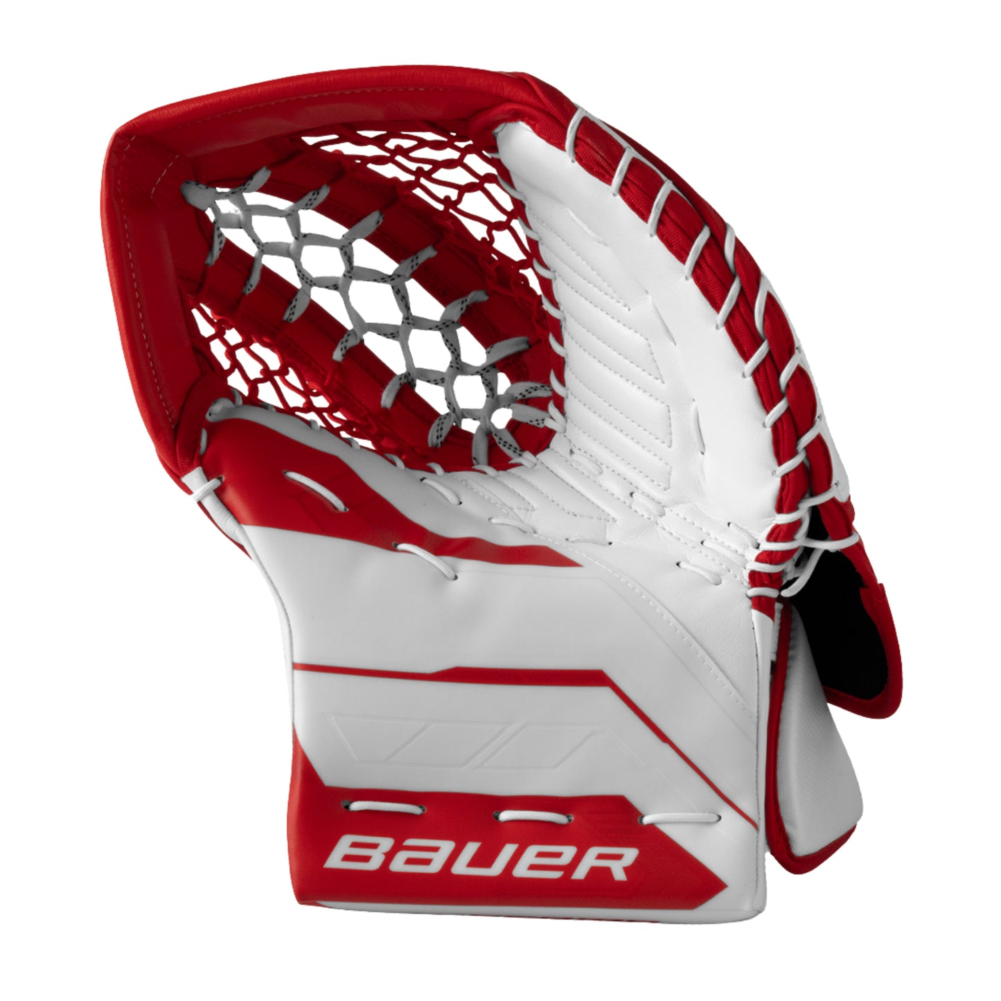 A photo of the Bauer Supreme Fuse Senior Goalie Catcher in colour white and red.