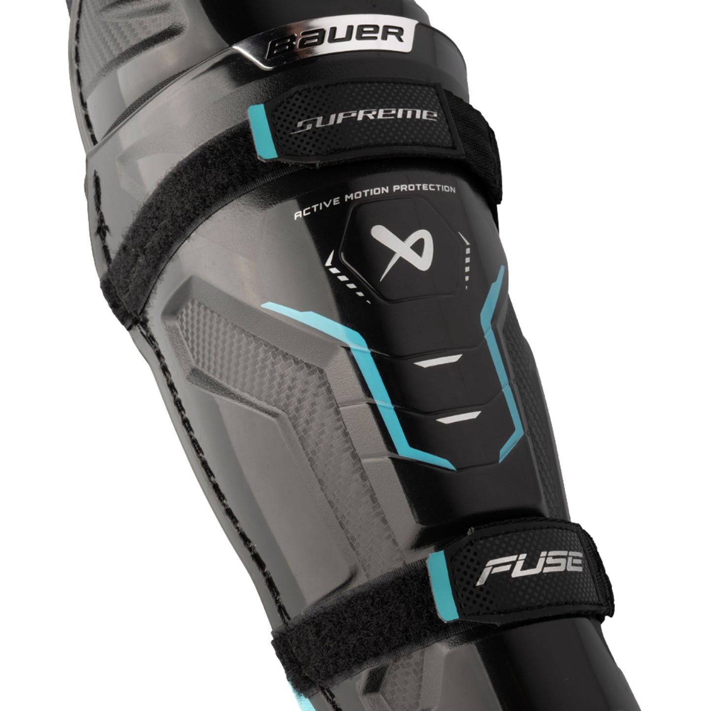 A photo of the Bauer Supreme Fuse Youth Shin Guard in colour black and blue.