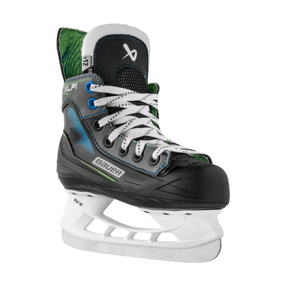 A photo of the Bauer X-LP 2.0 Youth Hockey Skates (2026) in colour black, blue and green.