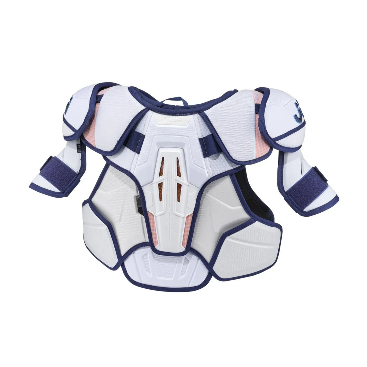 A photo of the CCM JOFA Senior Hockey Shoulder Pads (2026) in colour white and blue.