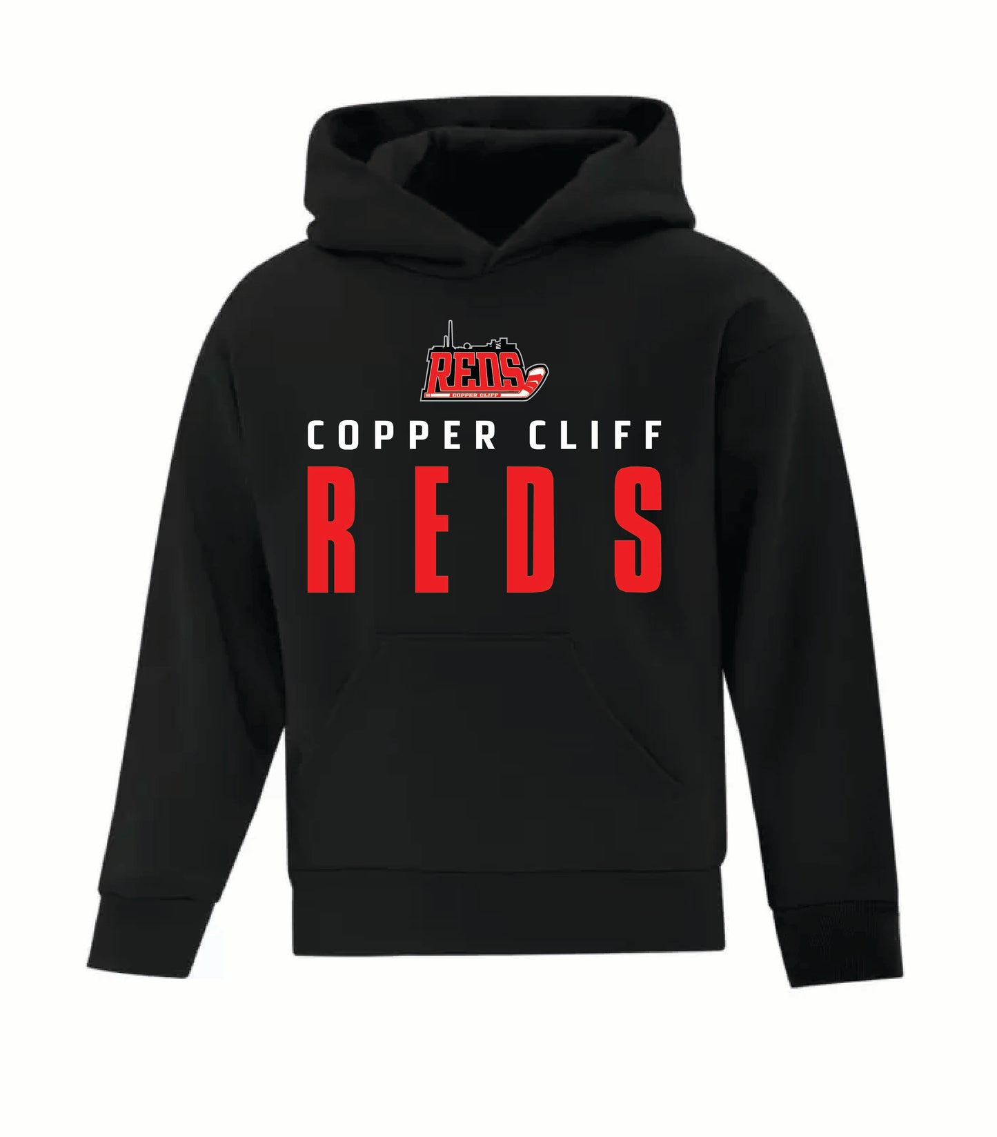 A photo of the Copper Cliff Reds - Youth Hoodie in colour black with a red logo.