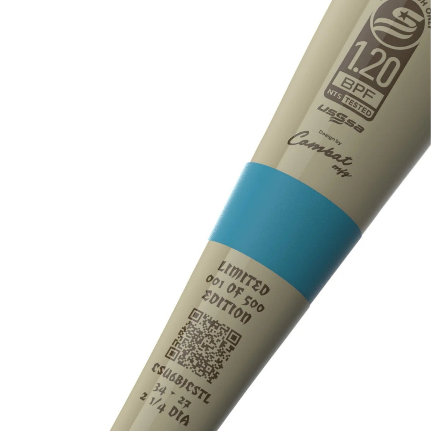 A photo of the Combat Coastal CR-1 Bradley Jones 2-Piece Slo-Pitch Bat in colour blue, pink and beige.
