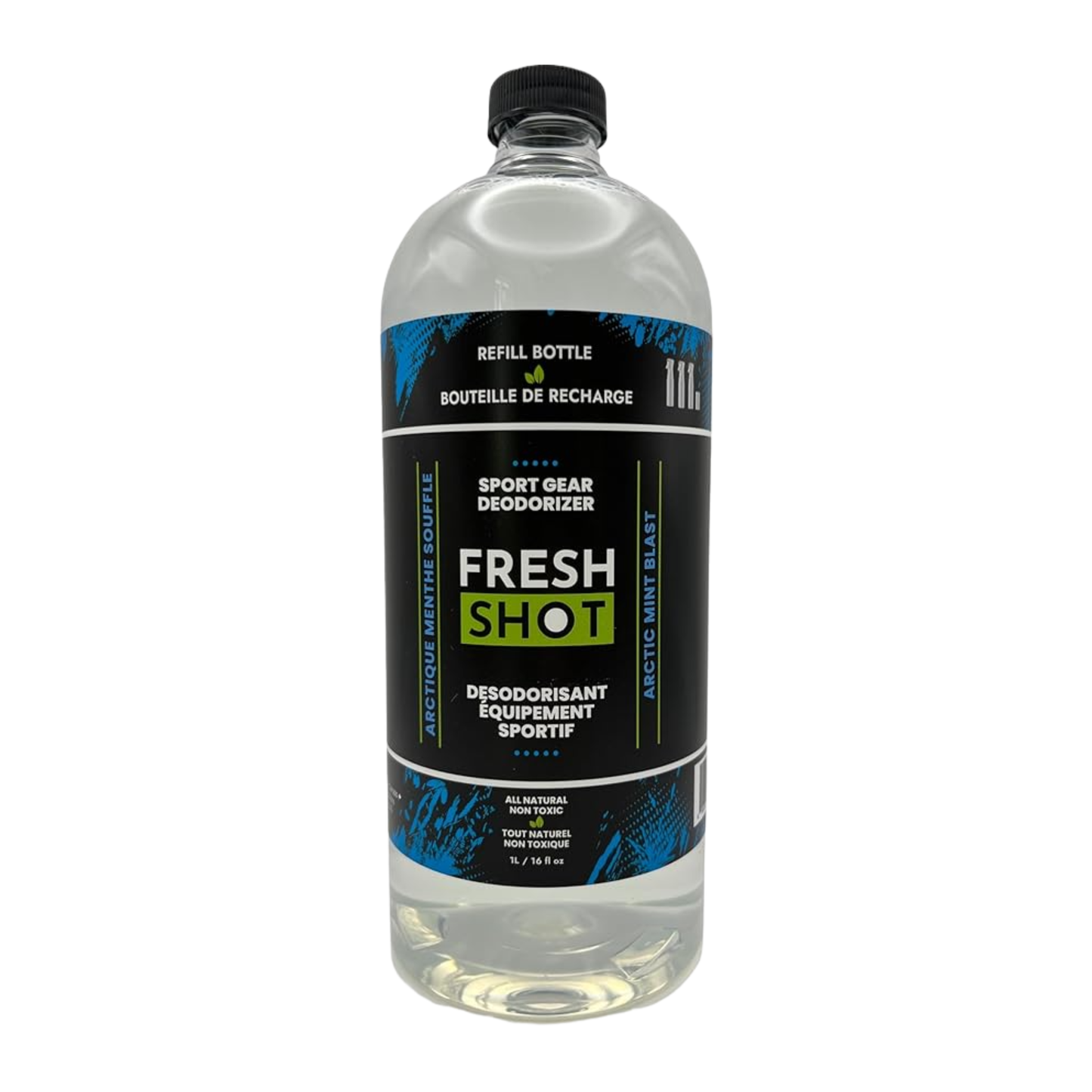 A photo of the Fresh Shot Sport Gear Deodorizer Refill Bottle 1L in a clear bottle with a black, blue and green label.