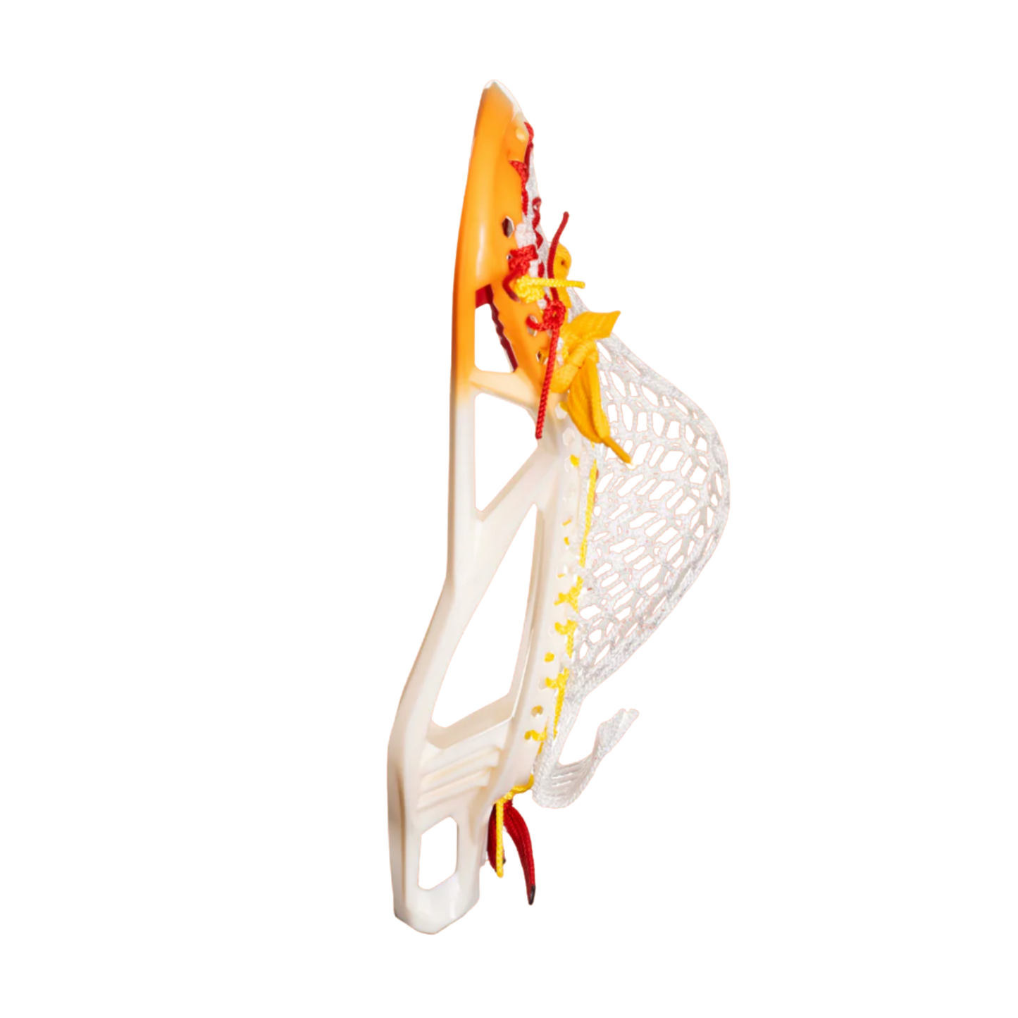 A photo of the Loading Lacrosse WYN Hotdog Strung Lacrosse Head in colour white red and orange, with white mesh lace.
