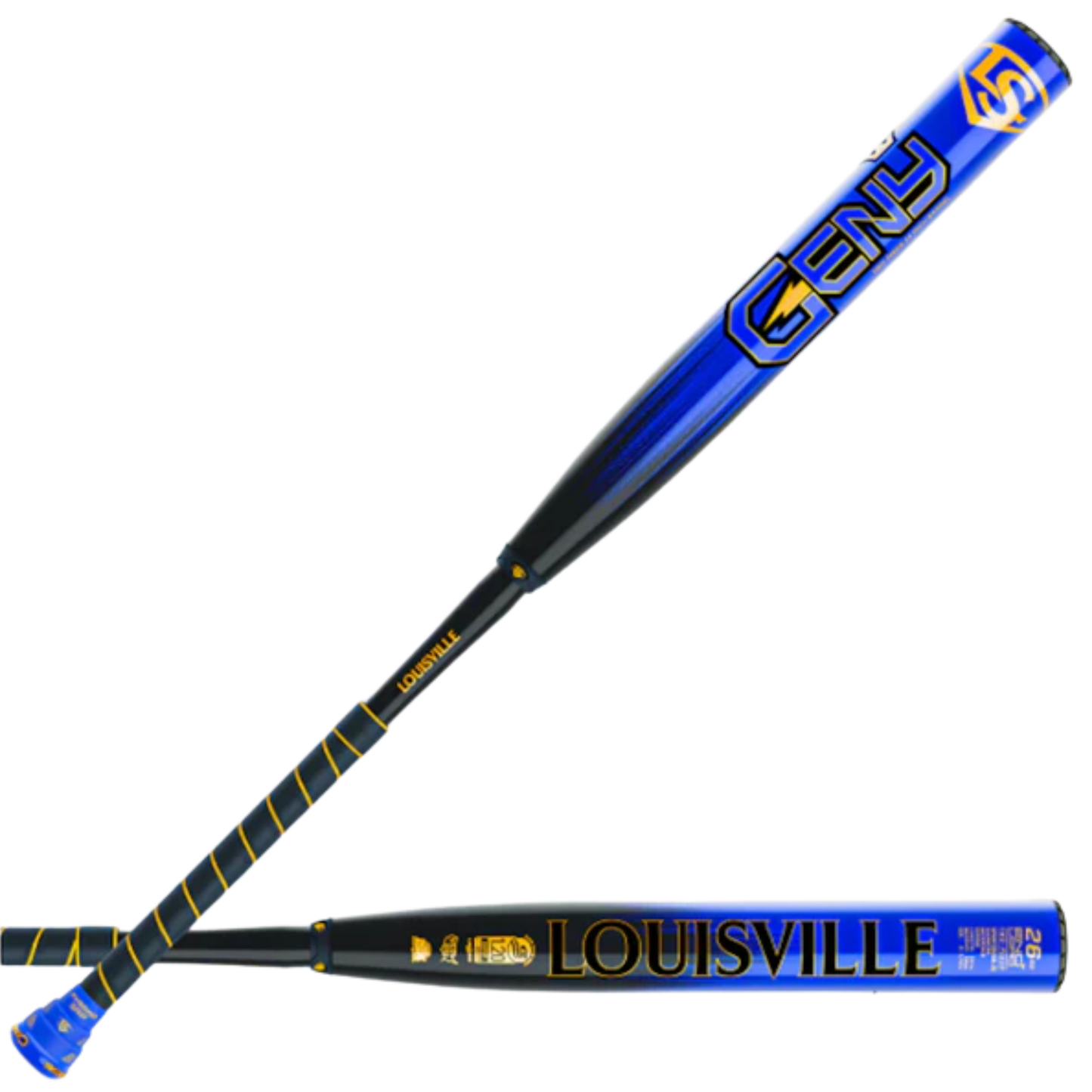 A photo of the Louisville Genesis 2 Piece Royal Geny Collection USSSA Endload Slo-pitch Softball Bat in colour blue, yellow and black.