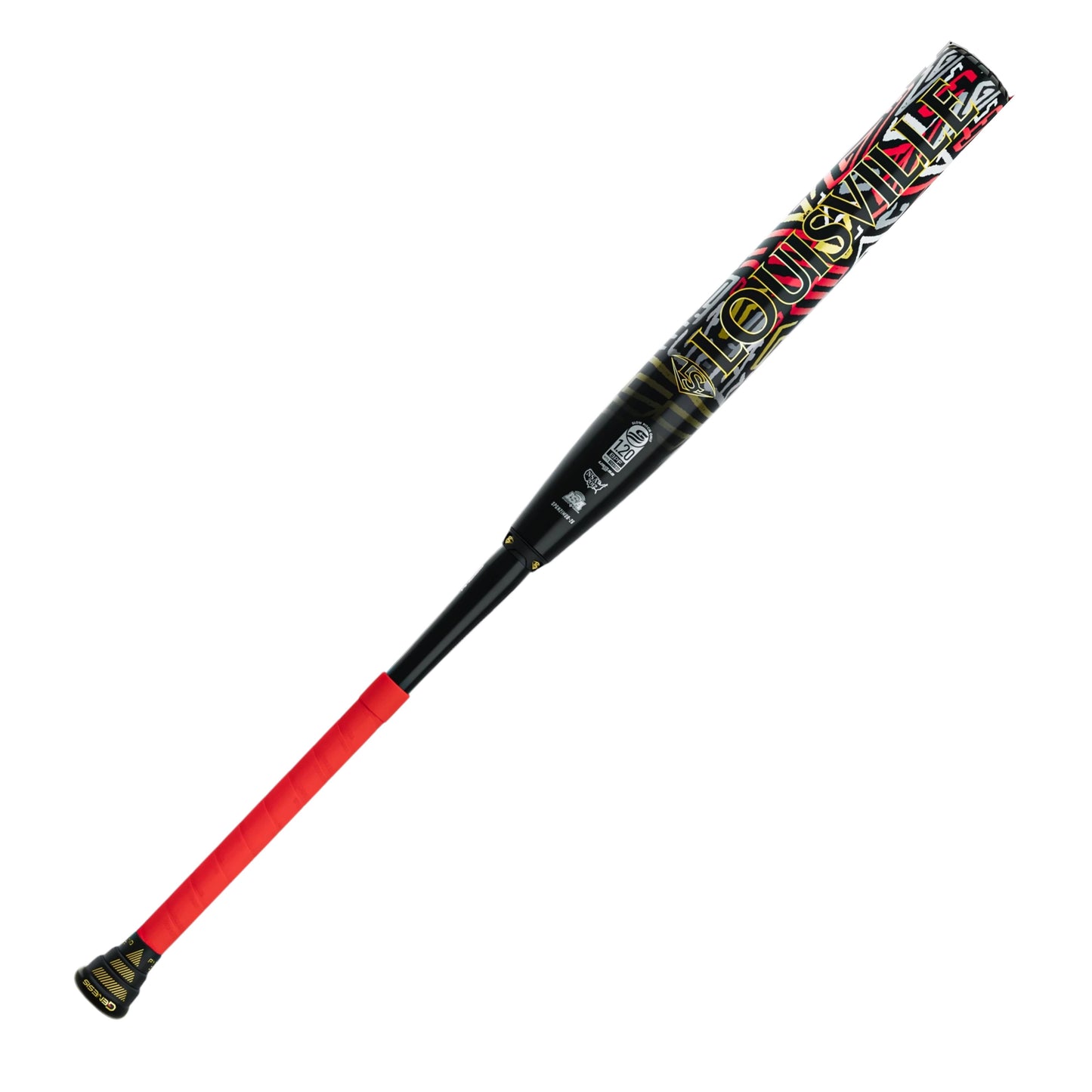 A photo of the Louisville Slugger Genesis 2PC "Iron Man" Balance Slo-Pitch Bat in colour black, red and gold.
