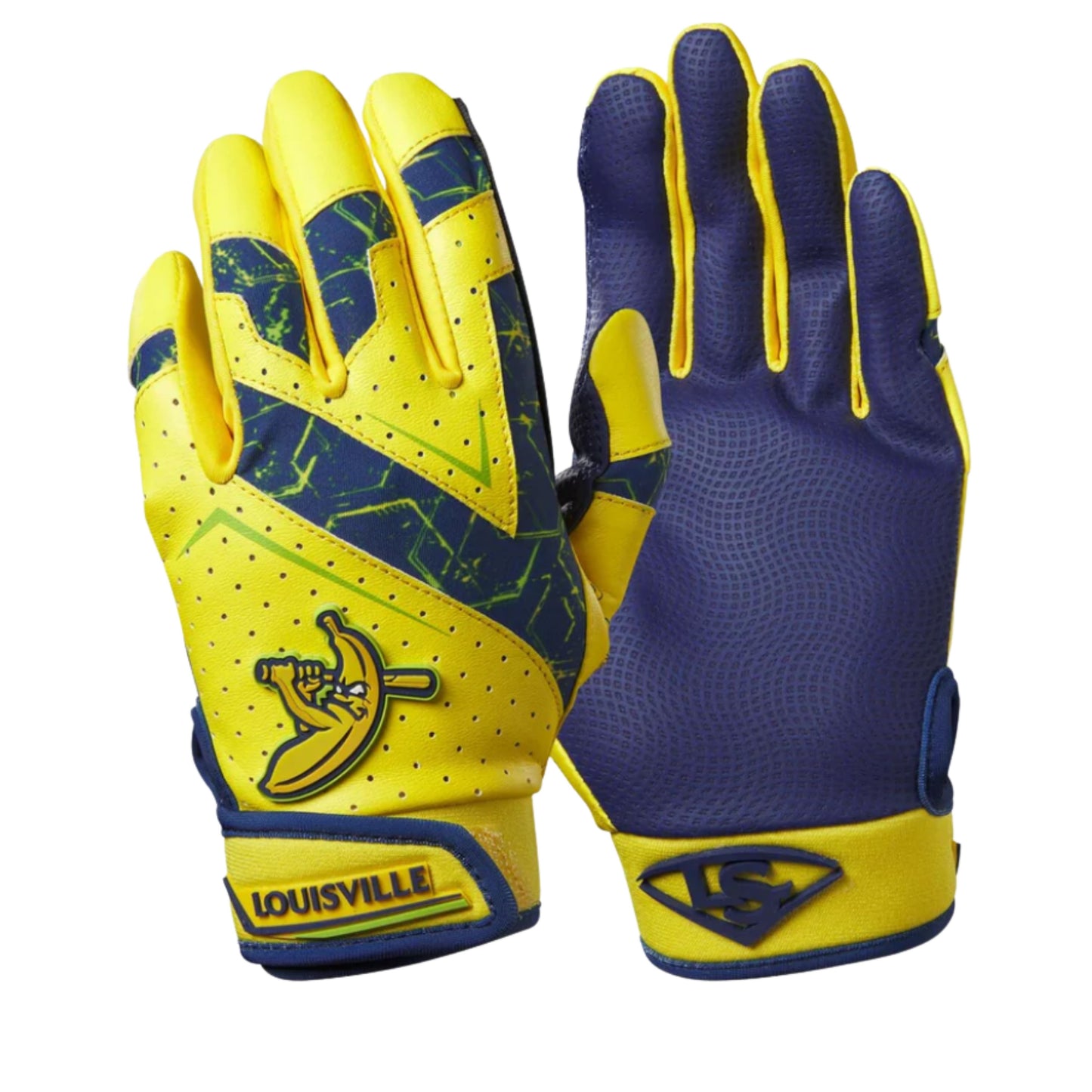 A photo of the Louisville Slugger Savannah Bananas Genuine V2 Youth Batting Gloves in colour yellow and navy.