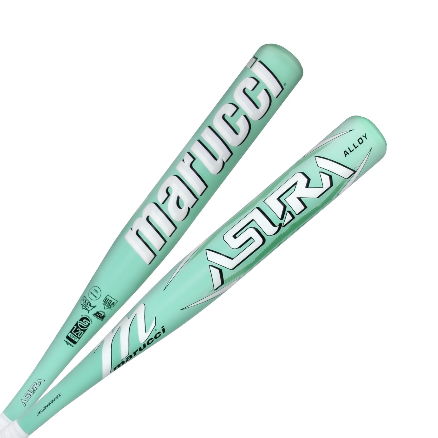 A photo of the Marucci Asura Alloy (-12) Baseball Bat in colour green and white, with white ASURA writing.