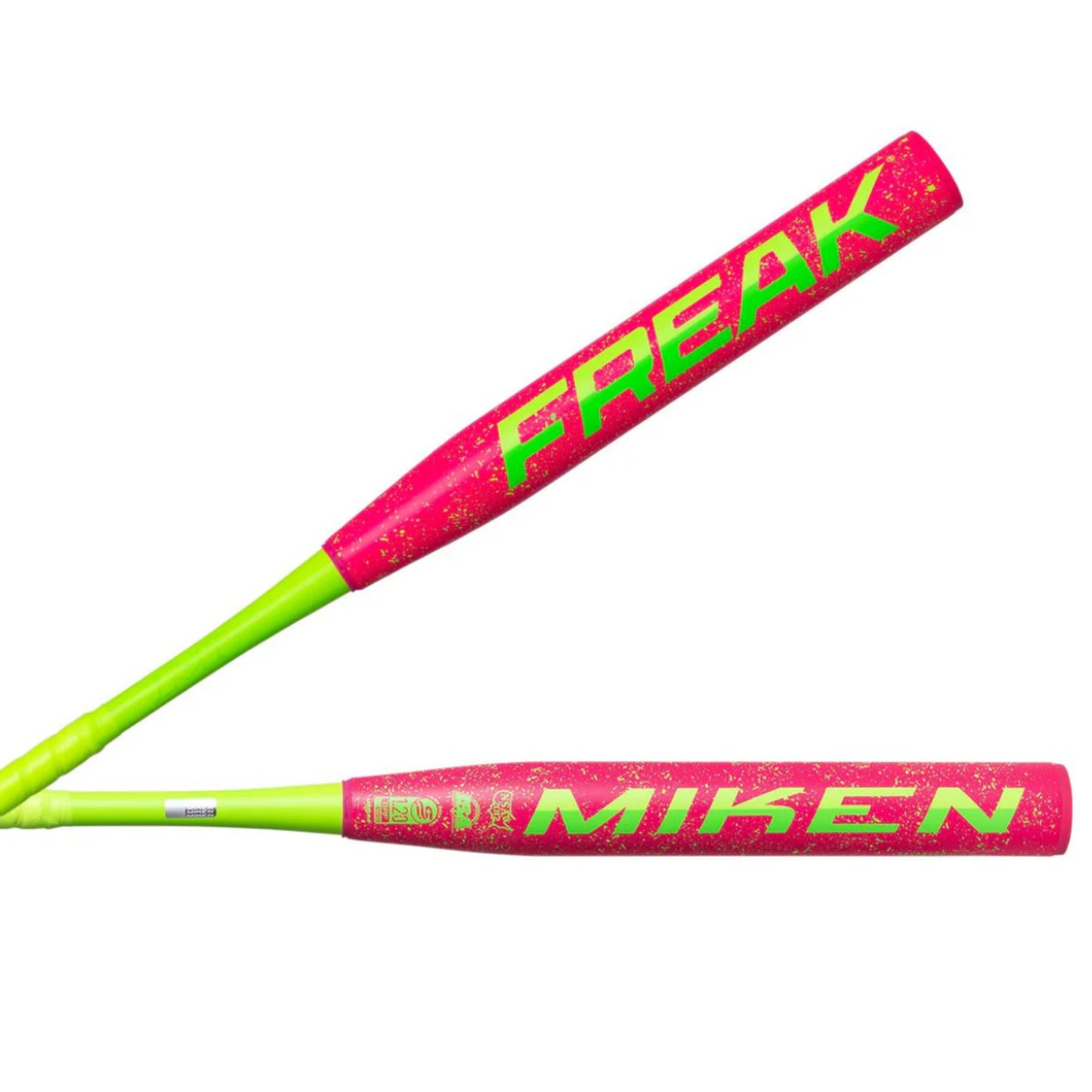 A photo of the Miken Freak Splatter 13.5" Balanced USSSA Slo-Pitch Softball Bat in colour red and green.