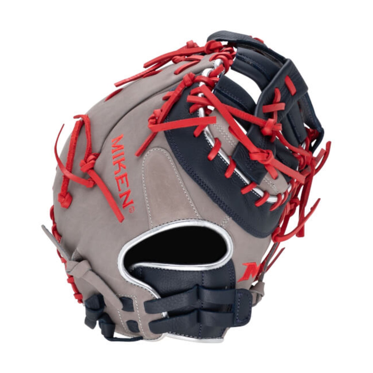 A photo of the Miken Players Series 13" Slo-Pitch First Base Mitt in colour brown and red.