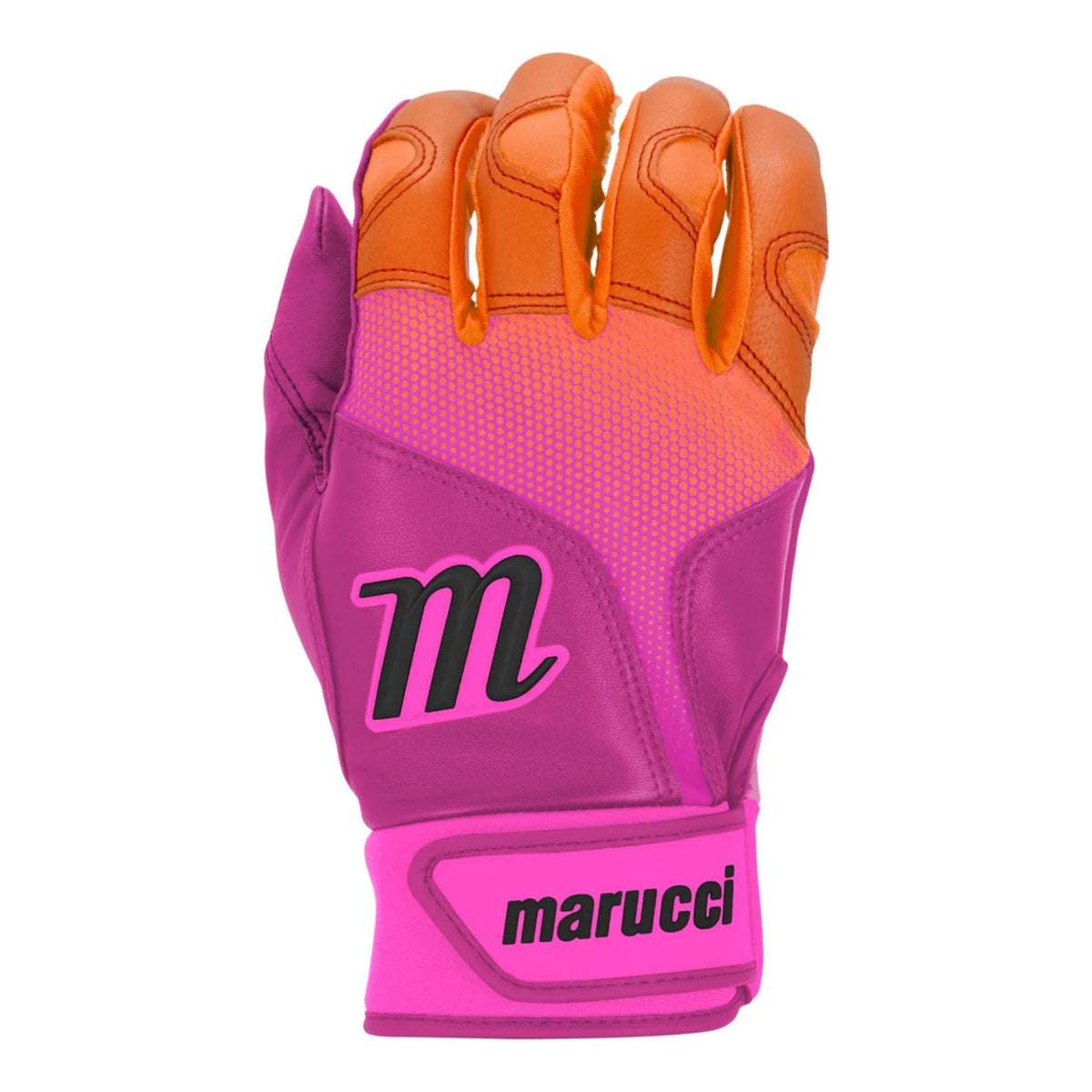 A photo of the Marucci PWR Fade Baseball Batting Gloves in colour pink and orange.
