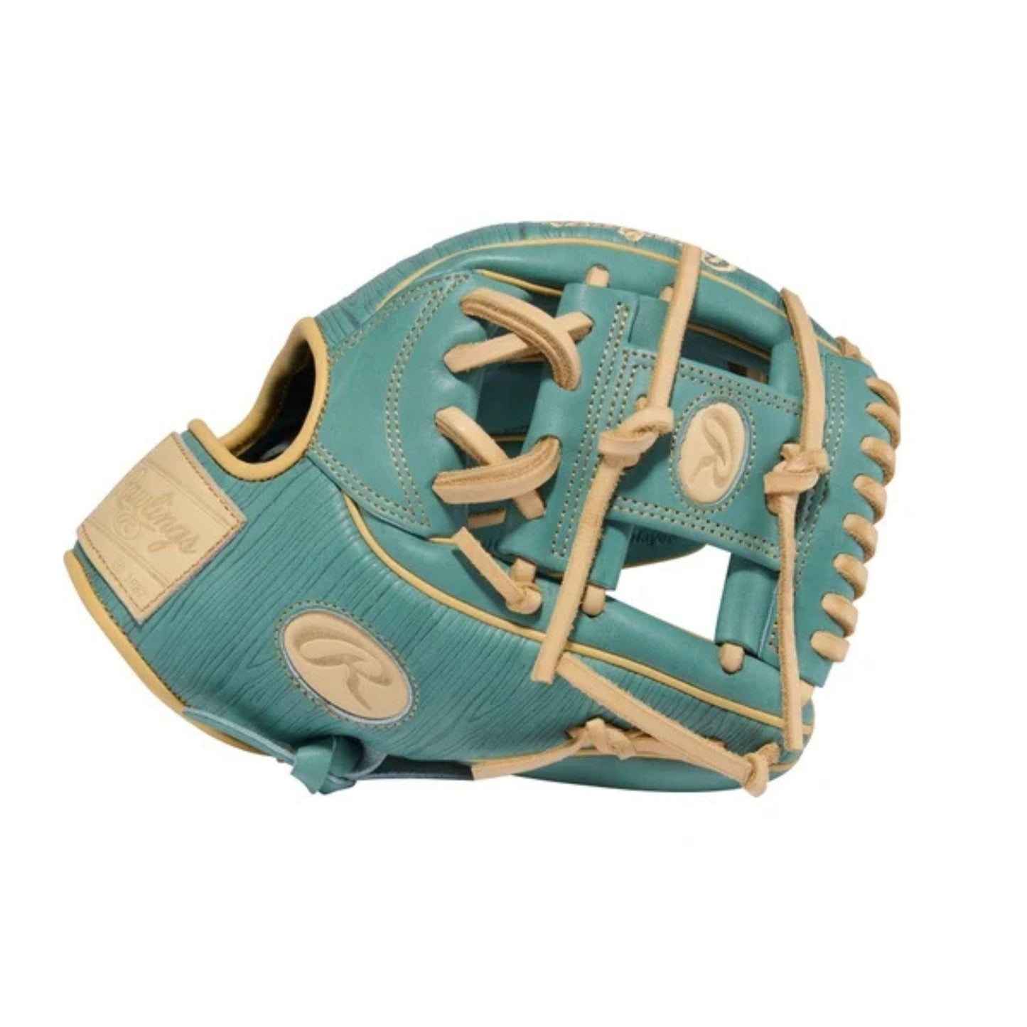 A photo of the Rawlings 11.5" Heart of the Hide Baseball Fielding Glove in colour green with tan laces.