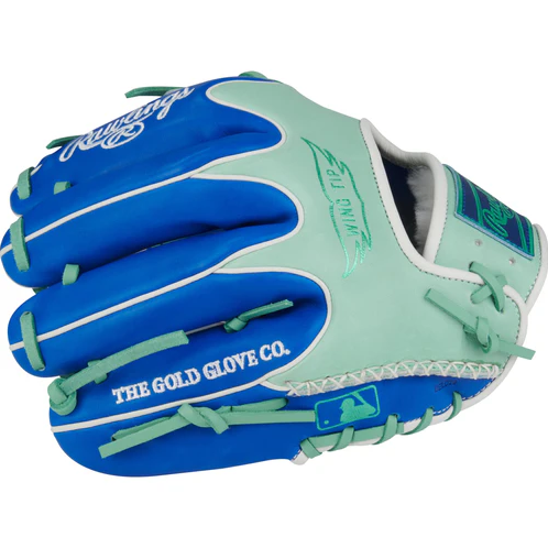 A photo of the Rawlings Pro Preferred 11.5" Baseball Glove in colour mint and blue.