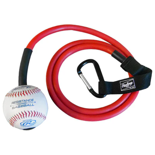 A photo of the Rawlings Resistance Band Baseball in colour red with white baseball attached.