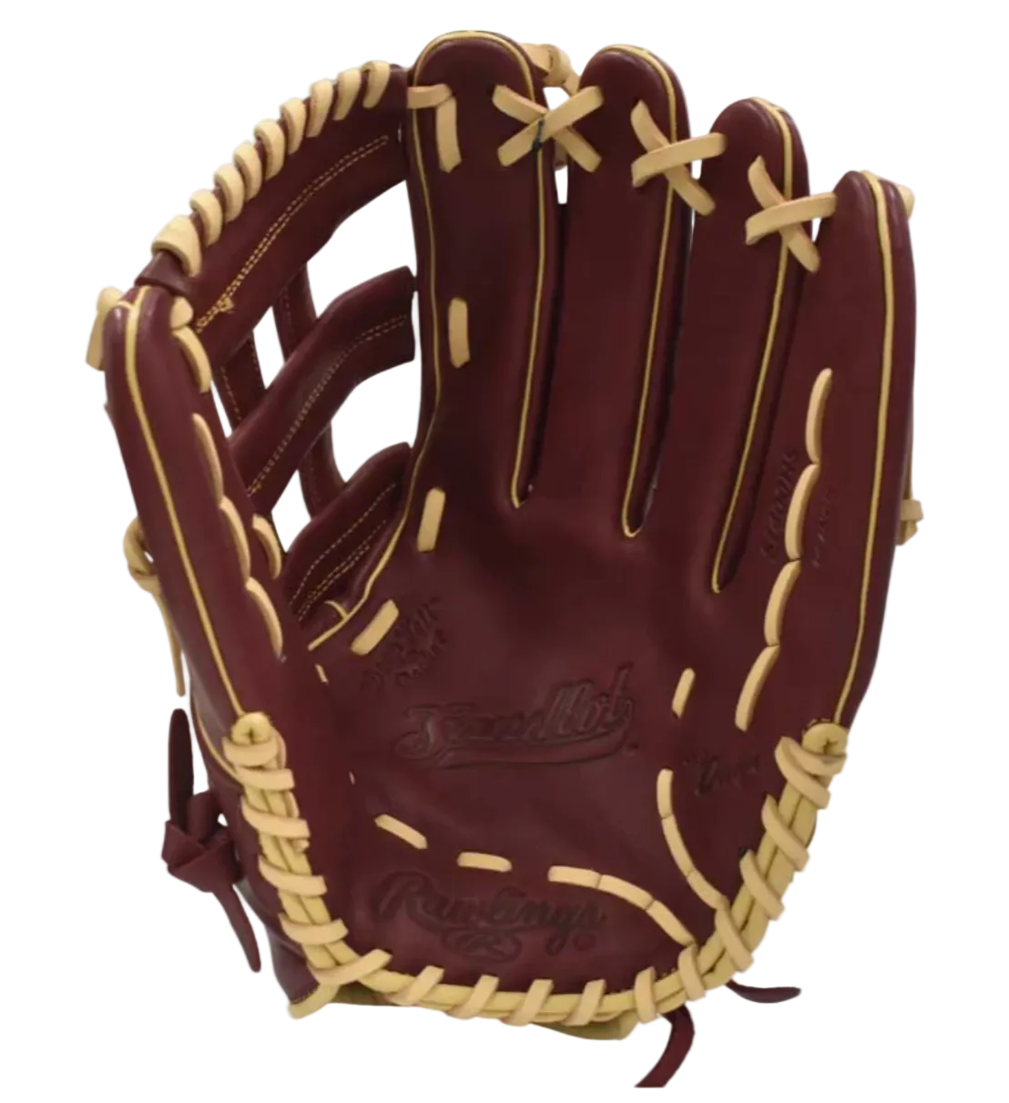 Brown baseball glove with tan laces on a white background