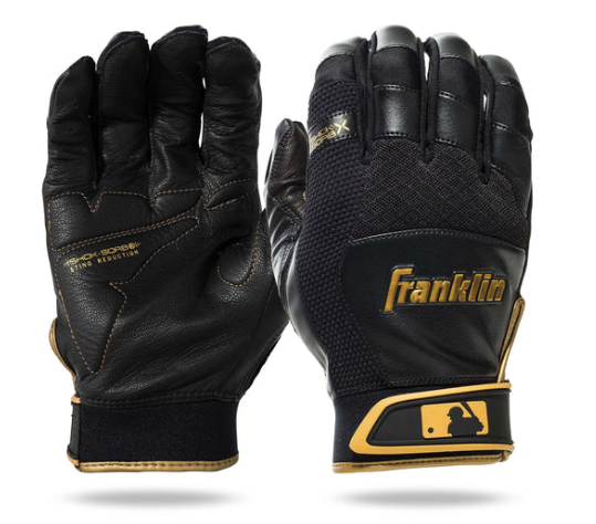 A photo of the Franklin Shok-Sorb X Youth Baseball Batting Gloves in colour black and gold.