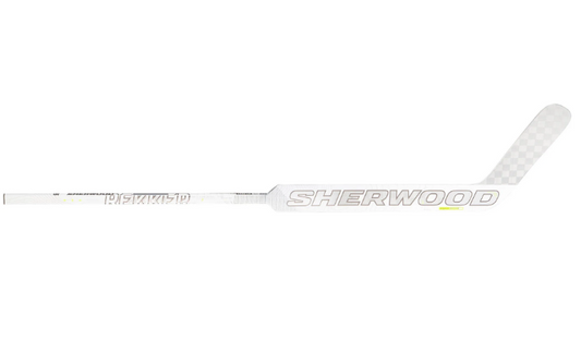 A photo of the Sherwood REKKER Legend Pro Senior Goalie Stick in colour white. Side view.