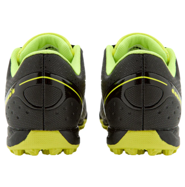 A photo of the Diadora Pichichi 5 Junior Turf Soccer Cleats in colour black and green. Rear dual view.