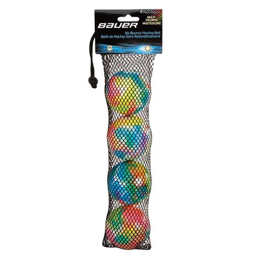 A photo of Bauer Hockey Balls - Mulitcolored 4 Pack inside mesh bag.