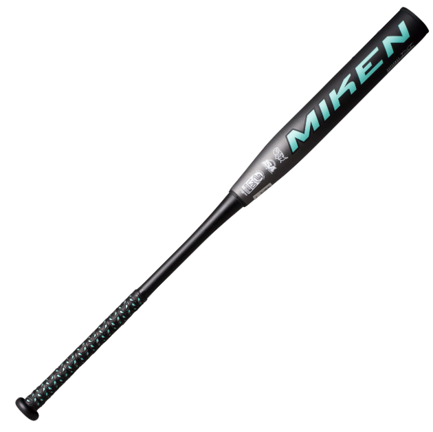 A photo of the Miken JR9 Josh Riley USSSA Supermax 2 Piece Slo-Pitch Bat in colour black and blue. Miken logo in blue.