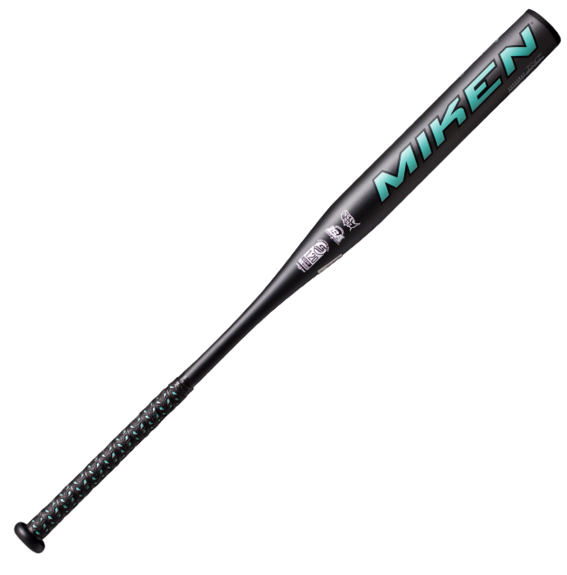 A photo of the Miken JR9 Josh Riley USSSA Supermax 1 Piece Slo-Pitch Bat in colour black and blue. Miken logo in blue.