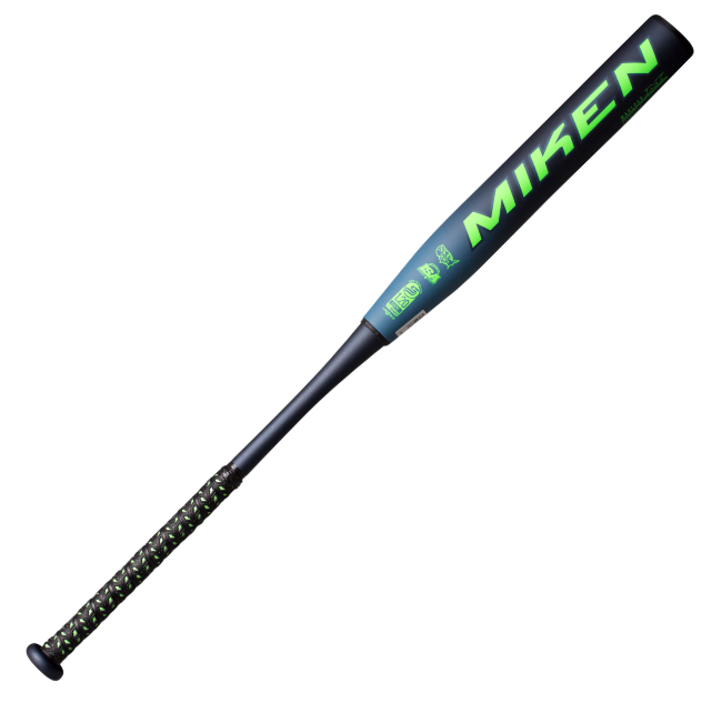 A photo of the Miken KP 23 Josh Riley USSSA Maxload 2 Piece Slo-Pitch Bat in colour blue, black and green. Miken logo in green.
