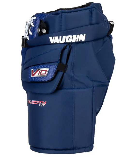 A photo of the Vaughn Velocity V10 Intermediate Goalie Pants in colour navy. Side view.