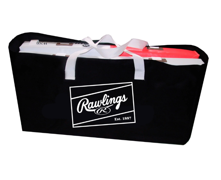 A photo of the Rawlings Safebase Bag in colour black, with white Rawlings logo on the front and white handles.