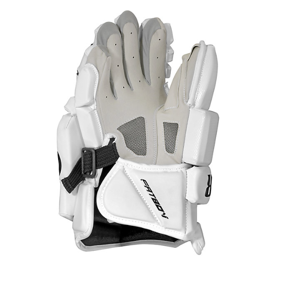 A photo of the Warrior Fat Boy Lacrosse Goalie Gloves in colour white. palm view.