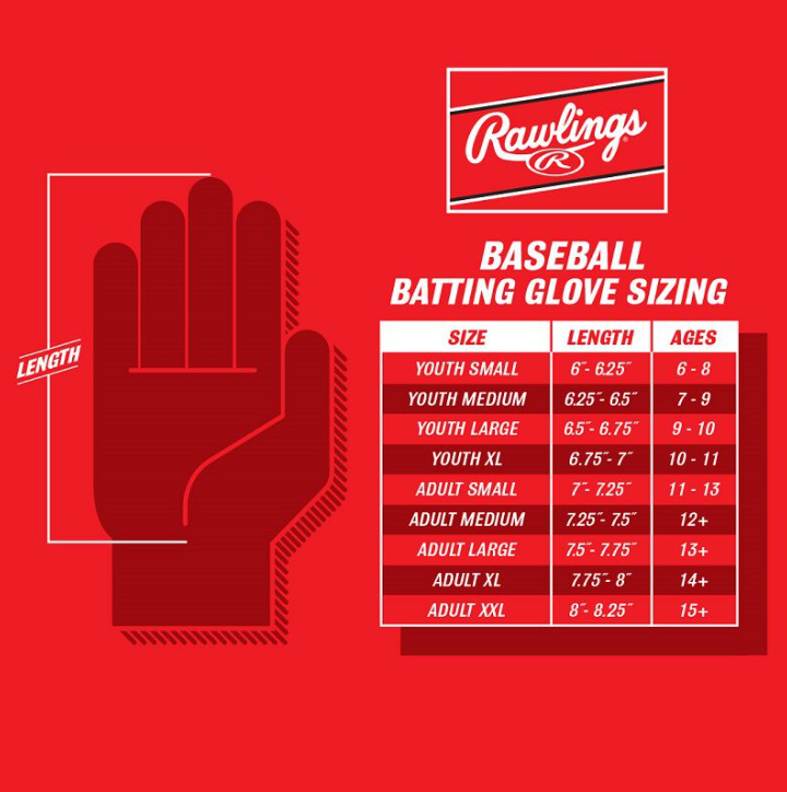 A photo of the Easton Mav GT Adult Batting Gloves size chart.