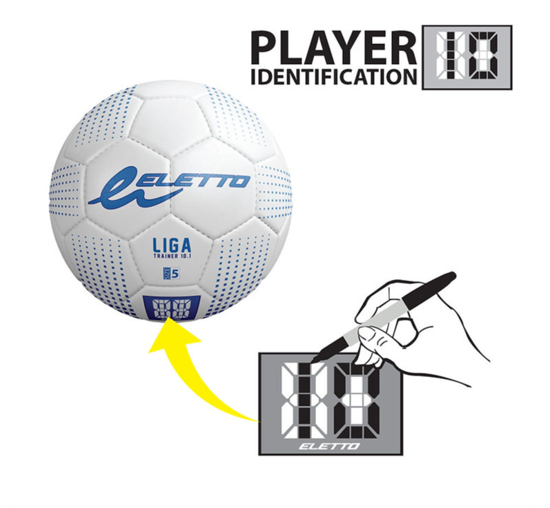 A photo of the Eletto Liga Trainer 11.2 Soft Touch Soccer Ball in colour white and blue. Diagram depicting player numbers.