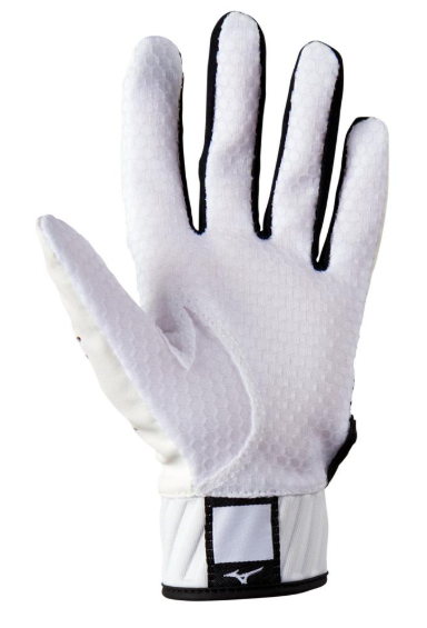 The palm of the Mizuno MVP Youth Tee Ball Batting Glove in colours white and black.