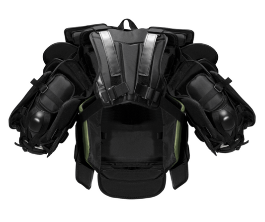 A photo of the Warrior Ritual X5 RTL Senior Chest & Arm Protector in colour black, green and white. Back of equipment view.