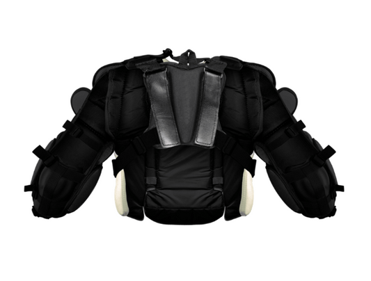 A photo of the Warrior X5 Junior Goalie Chest and Arm Protector in colour black, green, and white. Back of the equipment.