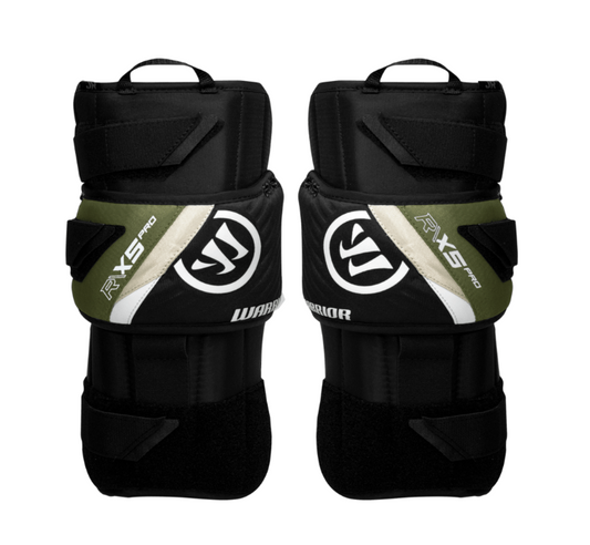 A photo of the Warrior X5 Junior Goalie Knee Pads in colour black, white, and green. Front of the equipment.