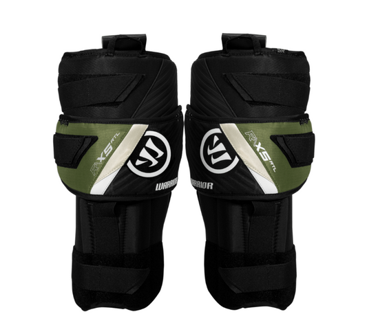 A photo of the Warrior X5 RTL Senior Goalie Knee Pads in colour black, green, and white. Front of the equipment.