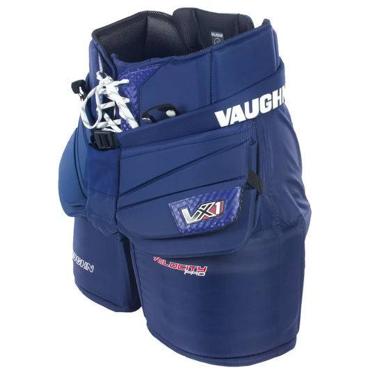 A photo of the Vaughn VX1 Pro Senior Goalie Pants in colour blue. Side of pants.