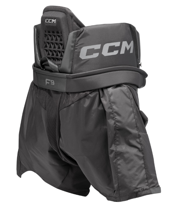 A photo of the CCM Axis F9 Goalie Pants (2024) in colour black. Back view.