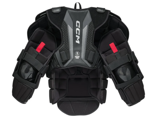 A photo of the CCM EFLEX 7.9 Goalie Chest Protector in colour black, red and white. Back of the equipment.