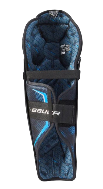 A photo of the Bauer Youth X Shin Guard in colour black and blue rear view.