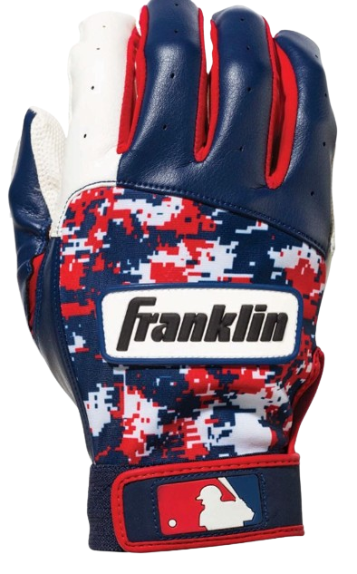 A photo of the Franklin Digitek Youth Batting Gloves in colour royal blue, red and white (USA). Front view.