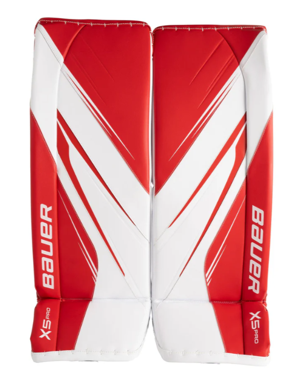 A photo of the Bauer Vapor X5 Pro Senior Goalie Pads in colour white and red. Front view.
