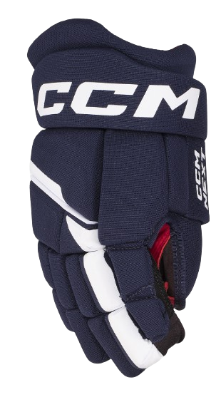 A photo of the CCM Next Hockey Gloves in colour navy and white. Front view.